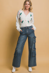 Off White Mid Cropped Flower Detailed Cardigan Simmer & Fay